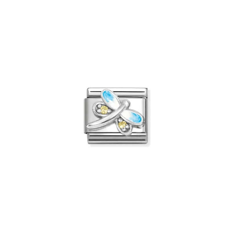Front view of Nomination Blue Dragonfly charm in sterling silver with enamel and golden CZ