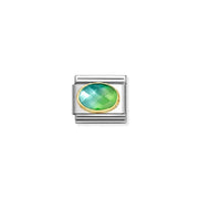 Nomination Classic Link with blue–green faceted glass oval in yellow-gold bezel on stainless steel, front view.
