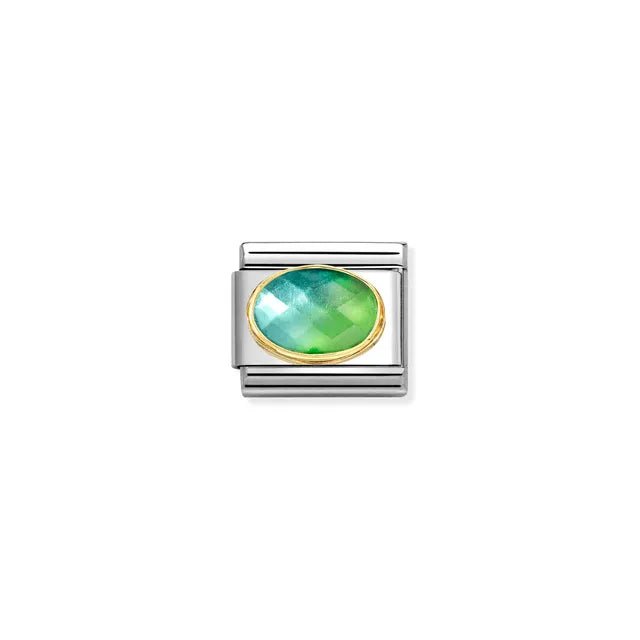 Nomination Classic Link with blue–green faceted glass oval in yellow-gold bezel on stainless steel, front view.