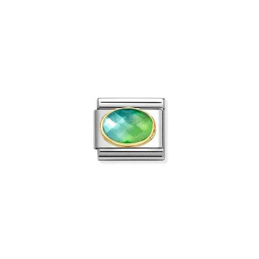 Nomination Classic Link with blue–green faceted glass oval in yellow-gold bezel on stainless steel, front view.