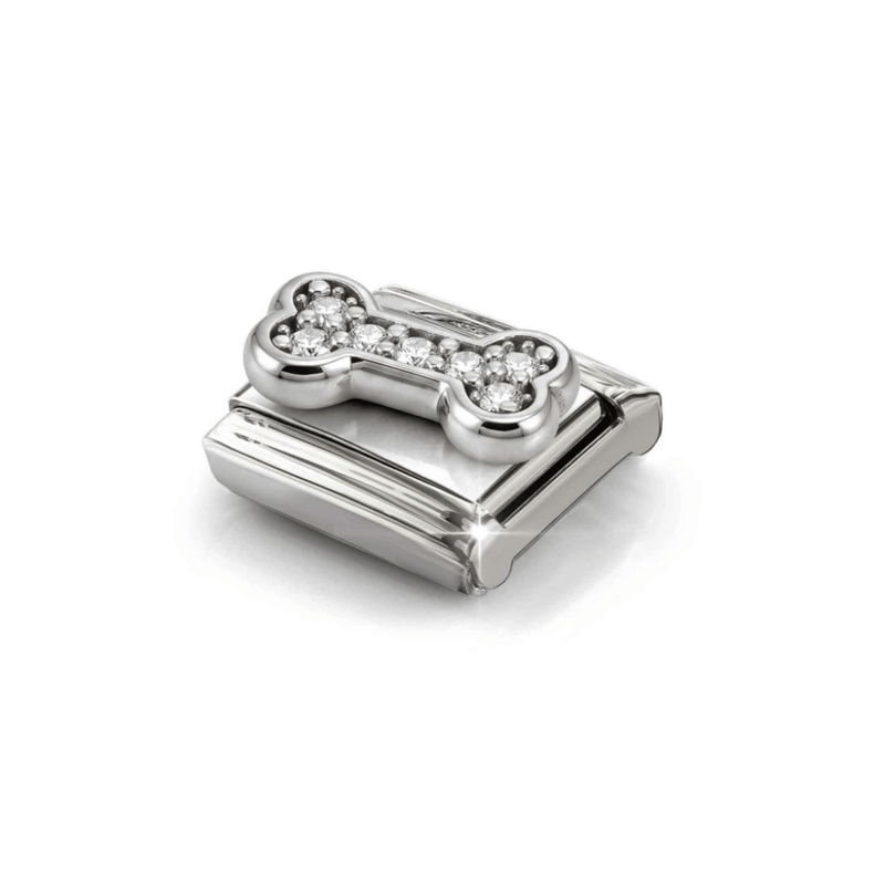 Nomination silver Bone Classic Link with white cubic zirconia, angled view