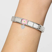 Nomination Bracelet with pink flower and pavé heart Pendant Link, shown on wrist
