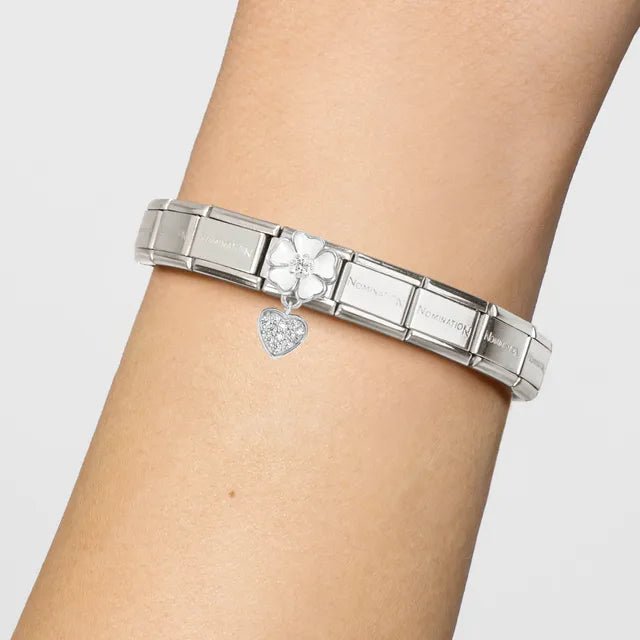 Nomination Bracelet with white flower and pavé heart Classic Pendant Link, shown on wrist