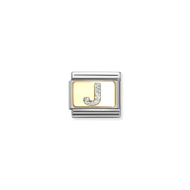 Nomination Classic Link Letter J on yellow-gold plate with silver glitter – charm for Nomination Bracelets.