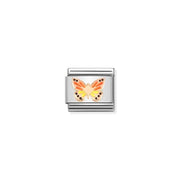 Close-up of Nomination Butterfly Classic Link in stainless steel with bonded rose gold outline and orange-yellow enamel wings