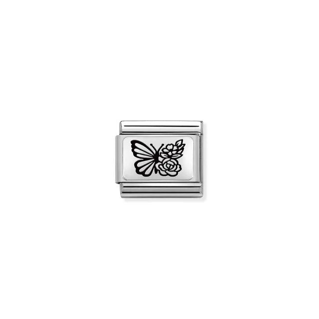 Nomination Butterfly & Flowers Classic Link charm in stainless steel and sterling silver