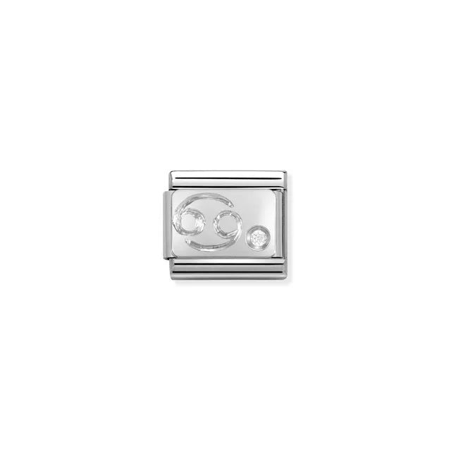 Close-up of Nomination Classic Link Cancer zodiac charm in stainless steel with a sterling-silver symbol and white cubic zirconia, for Composable Classic bracelets.