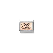 Capricorn zodiac Nomination Classic Link in bonded rose gold with black enamel, close-up