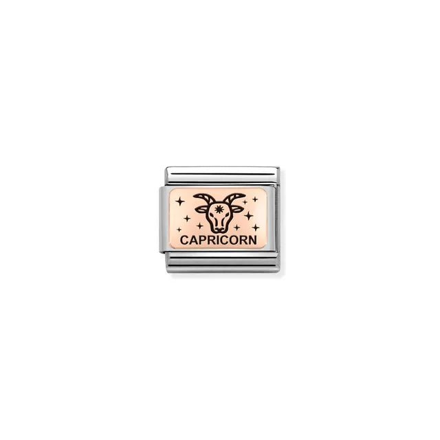 Capricorn zodiac Nomination Classic Link in bonded rose gold with black enamel, close-up