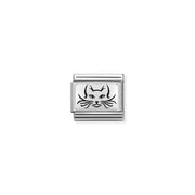 Nomination Cat charm with black enamel on a sterling-silver plaque, stainless-steel Classic Link for Composable bracelets.