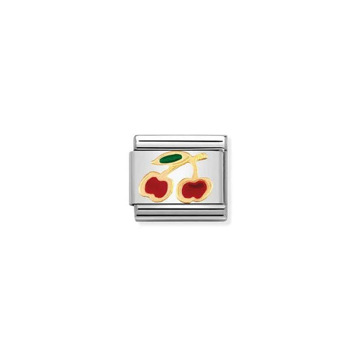 Nomination Classic Link charm with yellow-gold cherries and red enamel with green leaf on stainless steel, for a Nomination Bracelet
