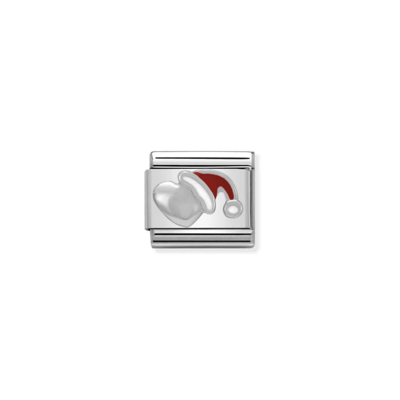 Nomination Christmas Hat Heart Classic Composable Link featuring a raised sterling silver heart wearing a red enamel Santa hat on stainless steel.