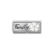 Nomination Classic Double Link with black Family script and white enamel flower with white CZ on stainless steel.