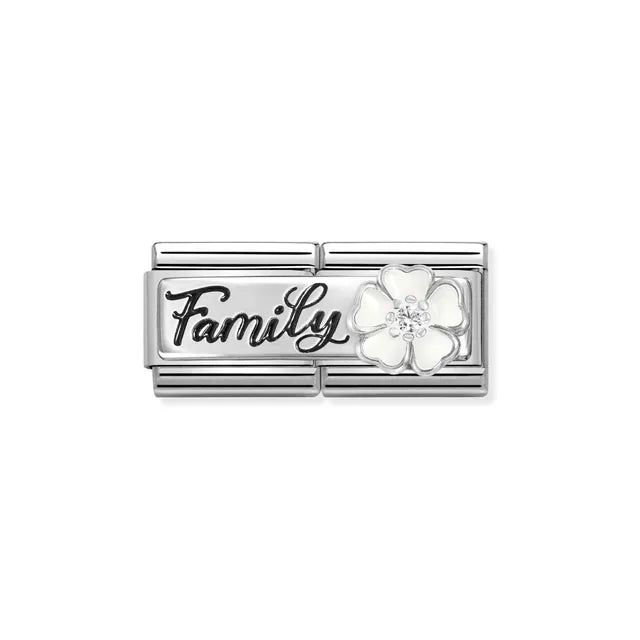 Nomination Classic Double Link with black Family script and white enamel flower with white CZ on stainless steel.
