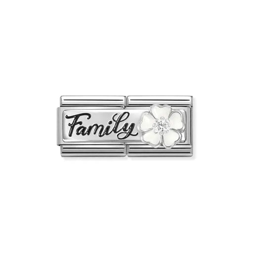 Nomination Classic Double Link with black Family script and white enamel flower with white CZ on stainless steel.