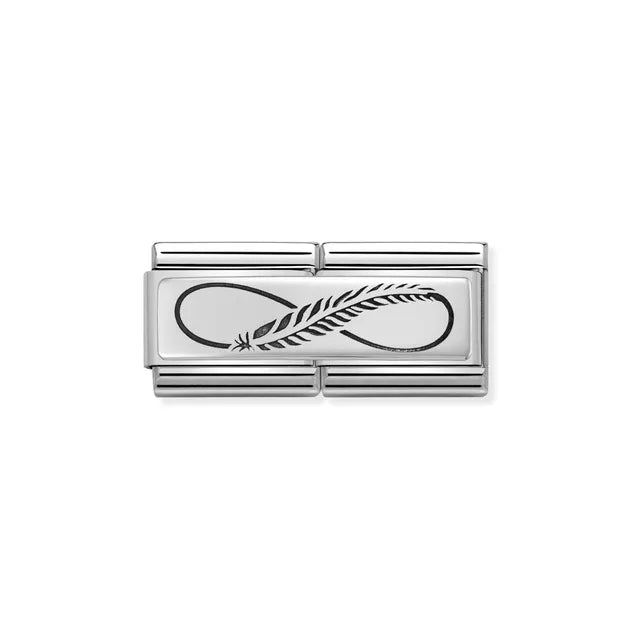 Nomination Classic double Link in stainless steel with sterling-silver infinity and feather motif in black enamel.