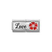 Nomination Classic Double Link featuring black Love script and red enamel flower with white CZ on stainless steel.