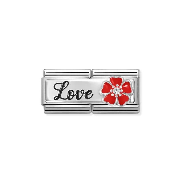 Nomination Classic Double Link featuring black Love script and red enamel flower with white CZ on stainless steel.
