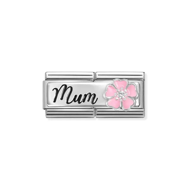 Nomination Classic Double Link with black Mum script and pink enamel flower with white CZ on stainless steel.