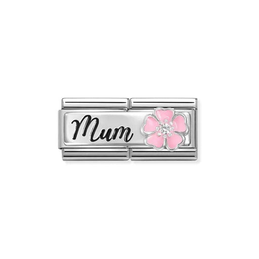 Nomination Classic Double Link with black Mum script and pink enamel flower with white CZ on stainless steel.