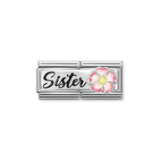 Nomination Classic Double Link with black Sister script and pink enamel flower with yellow CZ on stainless steel.