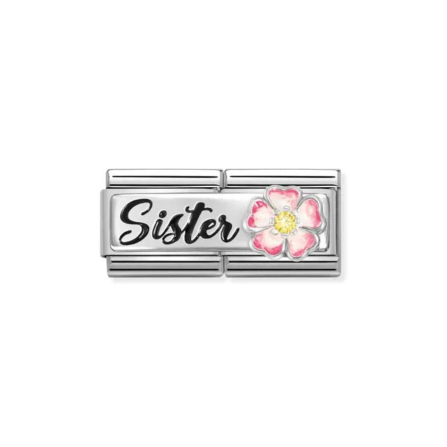 Nomination Classic Double Link with black Sister script and pink enamel flower with yellow CZ on stainless steel.