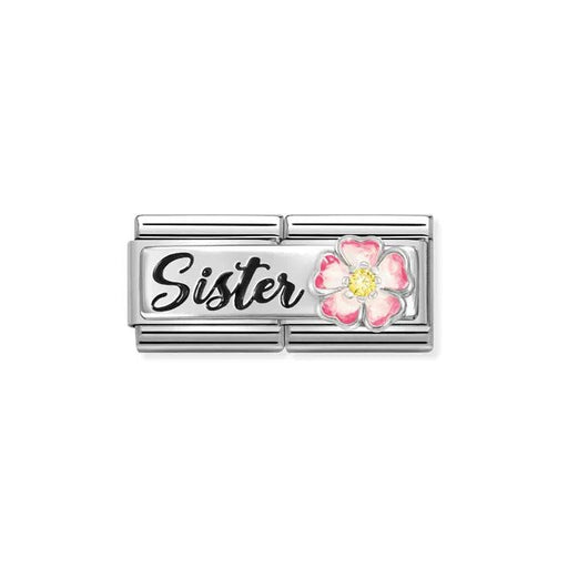 Nomination Classic Double Link with black Sister script and pink enamel flower with yellow CZ on stainless steel.
