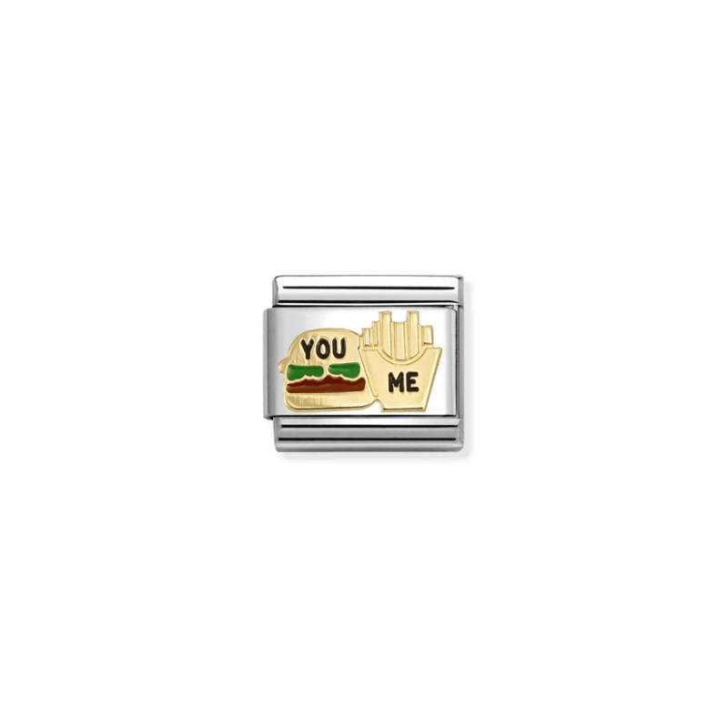 Nomination Classic gold burger and fries charm with colourful enamel and You Me lettering