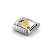 Angled view of Nomination gold pencil charm with pink and black enamel details
