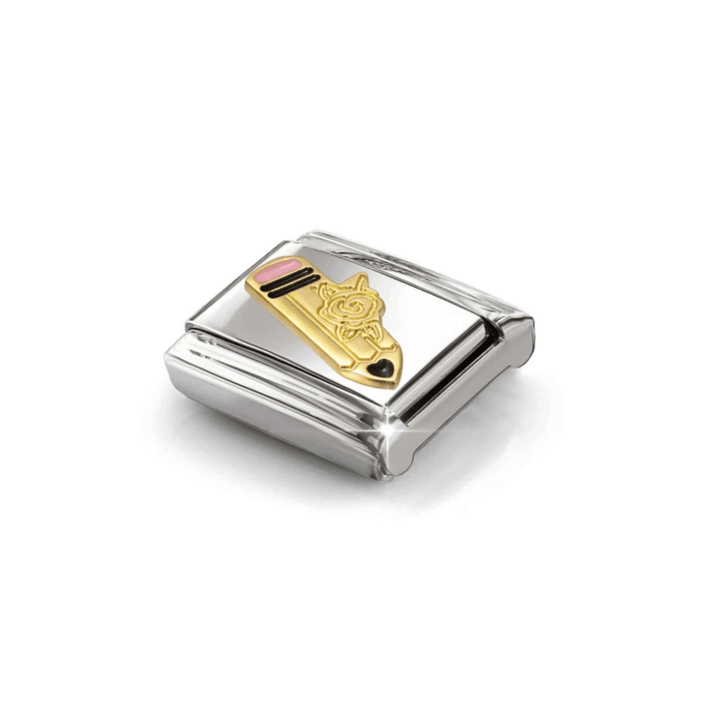 Angled view of Nomination gold pencil charm with pink and black enamel details