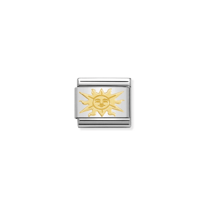 Nomination Composable Classic Gold Relief Sun Charm featuring a raised yellow-gold sun face with pointed and wavy rays on polished stainless steel
