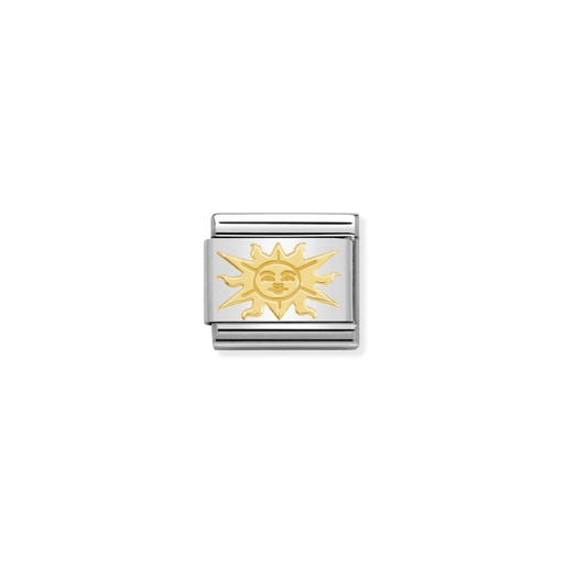 Nomination Composable Classic Gold Relief Sun Charm featuring a raised yellow-gold sun face with pointed and wavy rays on polished stainless steel