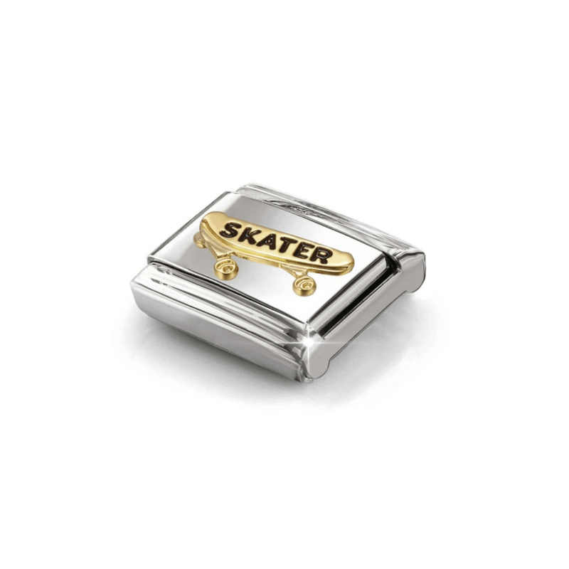 Angled view of Nomination yellow gold skateboard charm with black enamel Skater detail
