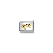 Nomination Classic stainless steel charm with yellow gold skateboard and black Skater lettering