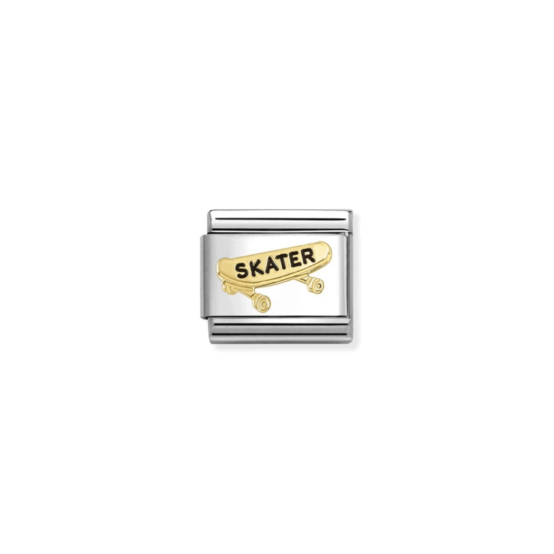 Nomination Classic stainless steel charm with yellow gold skateboard and black Skater lettering
