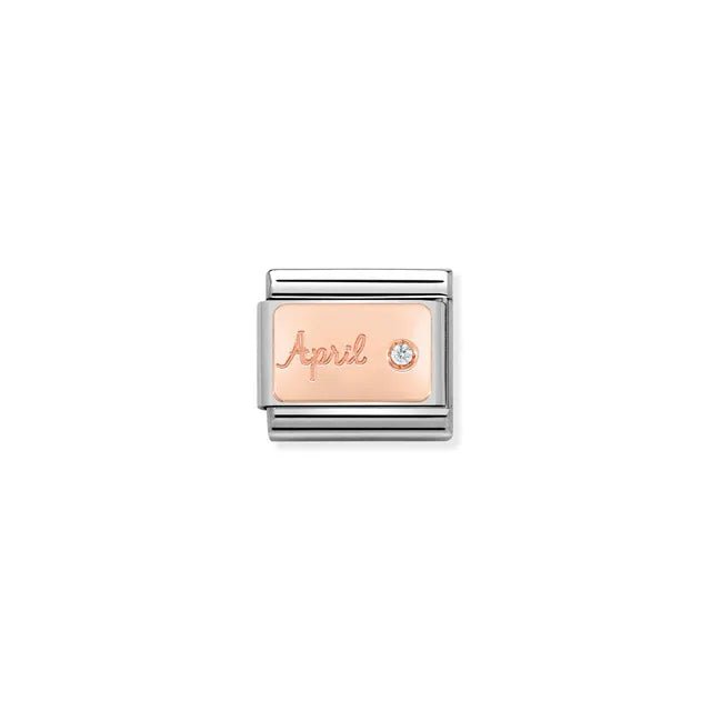 Nomination Classic Link April white cubic zirconia birthstone charm on rose-gold plate engraved April, stainless steel, for Composable Nomination bracelets