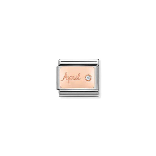 Nomination Classic Link April white cubic zirconia birthstone charm on rose-gold plate engraved April, stainless steel, for Composable Nomination bracelets