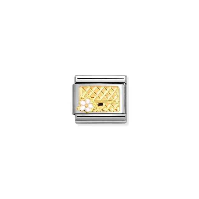Nomination Classic Link with yellow-gold handbag and black/white enamel flower