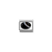 Close-up of banded onyx Classic Nomination charm link in silver