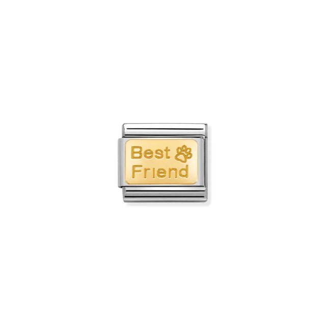 Nomination Classic Link with “Best Friend” and paw print engraved on a yellow-gold plaque set on stainless steel