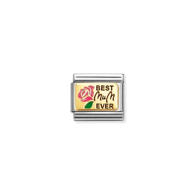 Nomination Classic Link Best Mum Ever with enamel rose on yellow-gold plate, stainless steel, compatible with Composable Nomination bracelets