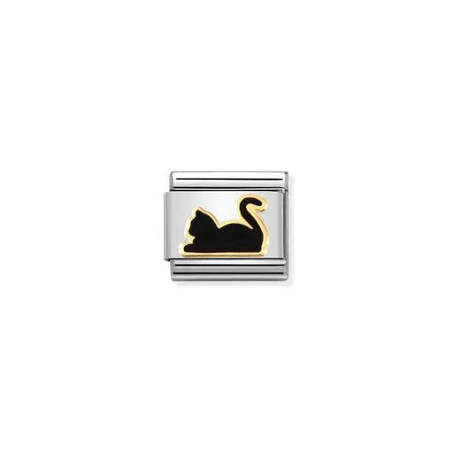 Nomination Classic Link black cat motif in bonded yellow gold with black enamel, Composable bracelet charm