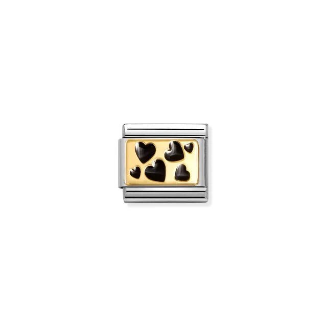 Nomination Classic Link with yellow-gold plaque and scattered black enamel hearts