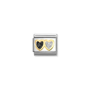 Nomination Classic Link with yellow-gold double hearts filled with black and silver glitter