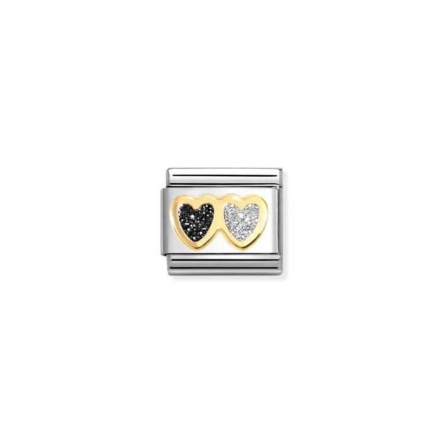 Nomination Classic Link with yellow-gold double hearts filled with black and silver glitter