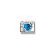 Close-up of Nomination Blue Heart Classic Link with sterling-silver beaded halo and 5x5mm faceted blue stone