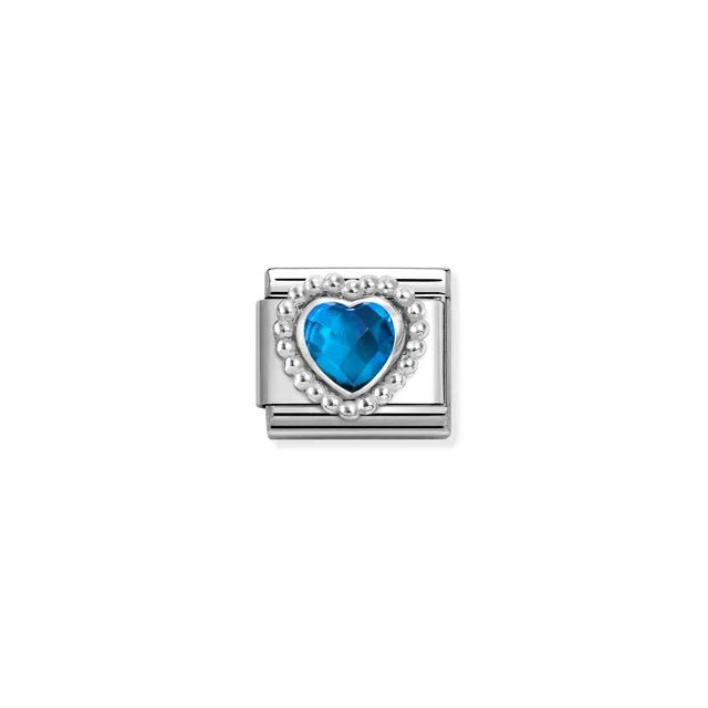 Close-up of Nomination Blue Heart Classic Link with sterling-silver beaded halo and 5x5mm faceted blue stone