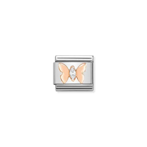 Nomination Classic Link butterfly charm in bonded rose gold with white cubic zirconia, stainless steel base, for Composable Nomination bracelets