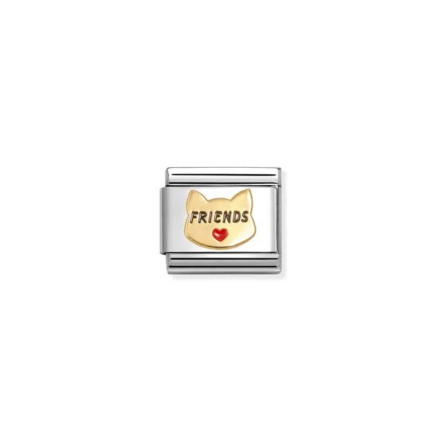 Nomination Classic Link with yellow-gold cat head, FRIENDS text and small red enamel heart on stainless steel.
