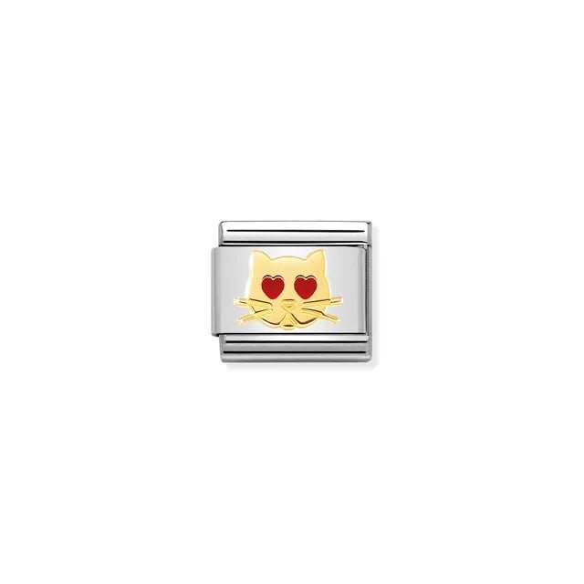 Nomination Classic Link cat with heart eyes in bonded yellow gold and red enamel, Composable bracelet charm
